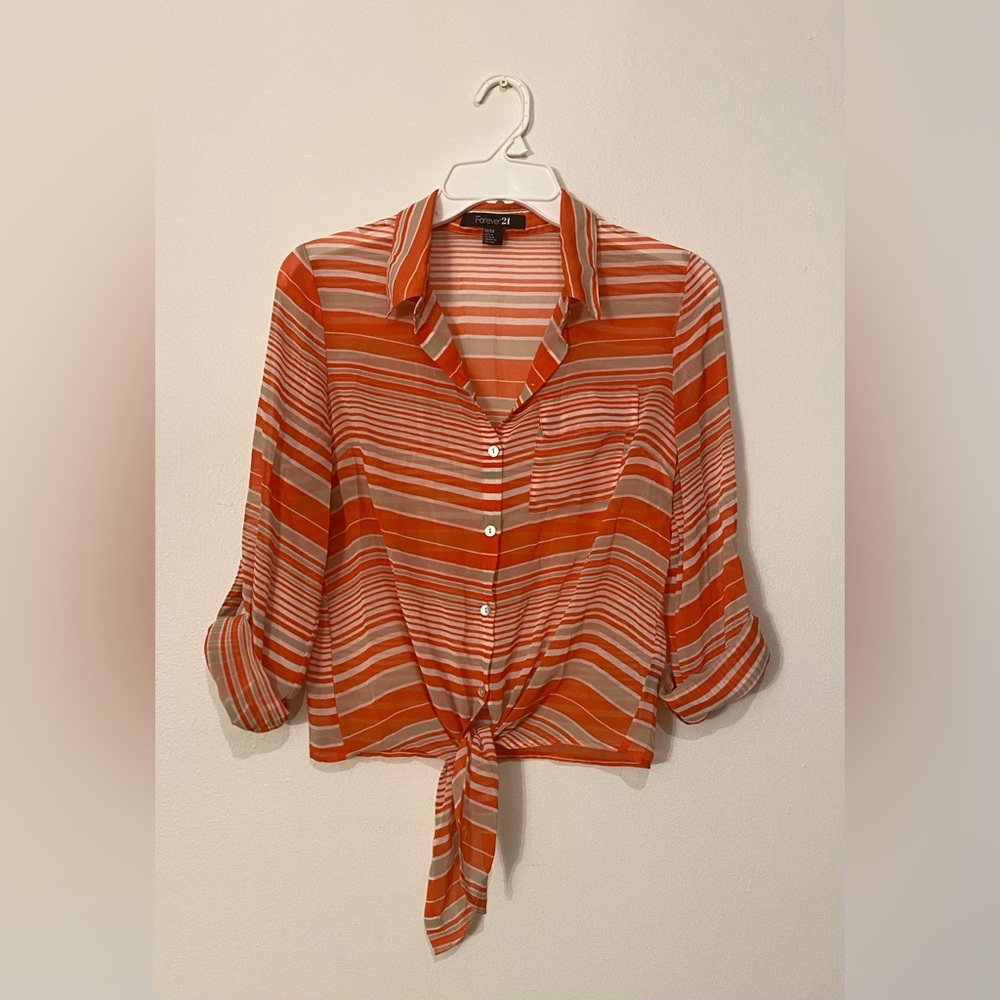 Forever 21 Striped Orange/Tan sheer top with tie front, Size: Medium